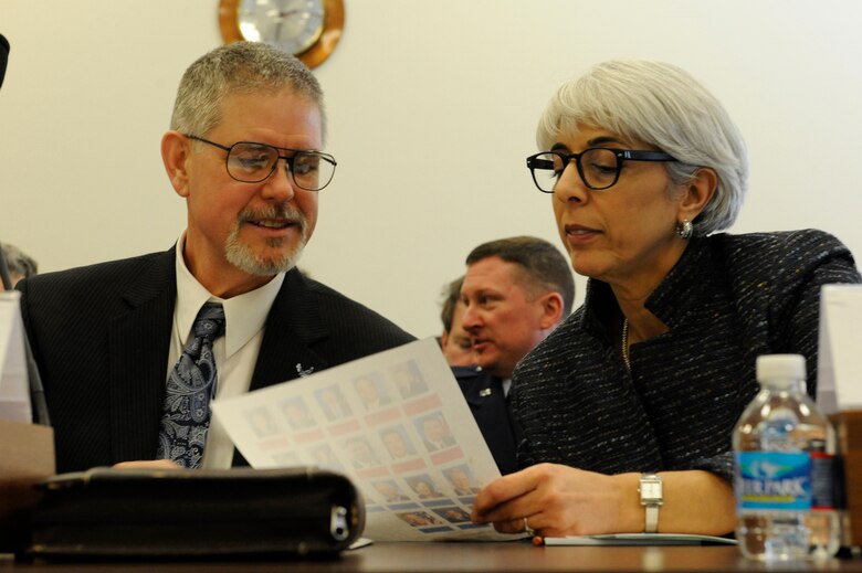 Dr. David Walker, deputy assistant secretary of the Air Force for science, technology and engineering reviews panel members with Dr. Arati Prabhakar Defense Advanced Research Projects Agency director, prior to testifying  on science and technology programs in the changing security environment before the House Armed Services Committee’s subcommittee on Intelligence, Emerging Threat and Capabilities , in Washington D.C., March 26, 2014. (U.S. Air Force photo/ Staff Sgt. Carlin Leslie)