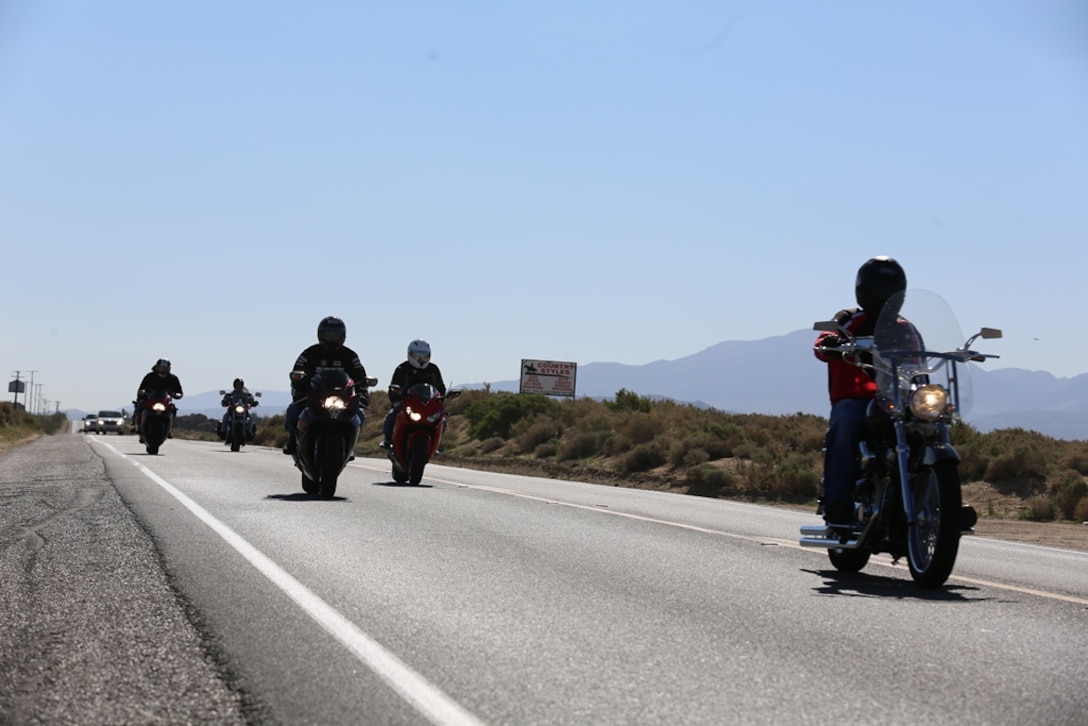 The Motorcycle Mentorship Program on Marine Corps Logistics Base Barstow, Calif., ride on highway 18 in Lucerne Valley, Calif., on their quarterly group ride, March 21.