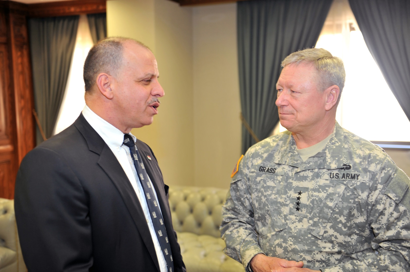 Army Gen. Frank Grass, the chief of the National Guard Bureau, meets with Gen. Masha Al-Zaben (not pictured), chair of the Jordanian Joint Chiefs of Staff, and His Royal Highness, Lt. Gen. Prince Faisal Bin Al Hussein of Jordan, left, in Jordan, March 27, 2014. The Colorado National Guard is partnered with Jordan in the National Guard State Partnership Program. 