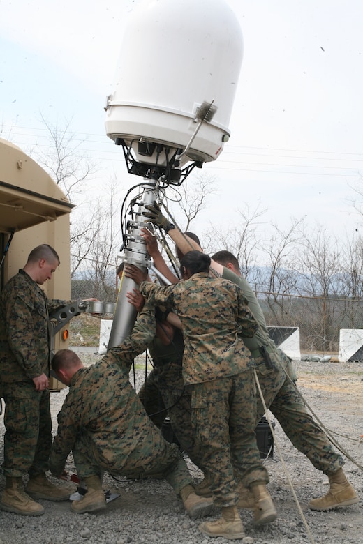 Marines carefully set a weather radar system, which is a subsystem of the meteorological mobile facility replacement next generation system, in place March 25 aboard Camp Mujuk in Republic of Korea. The system uses a mesoscale meteorological model to assimilate data from a variety of sources. It ingests meteorological data from both ground-based sensors and satellites. The Marines are with Air Traffic Control Detachment A, Marine Air Control Squadron 4, Marine Air Control Group 18, 1st Marine Aircraft Wing, III Marine Expeditionary Force. The weather system is here to support exercise Ssang Yong 14, which demonstrates the Navy/Marine Corps’ responsive amphibious and expeditionary capabilities from the sea. Forward-deployed and forward-based Marine forces, in conjunction with U.S. allies, have the unique ability to provide rapid force deployment for the full range of military operations, specifically in the Pacific region. (U. S. Marine Corps photo by Sgt. Anthony J. Kirby/Released)