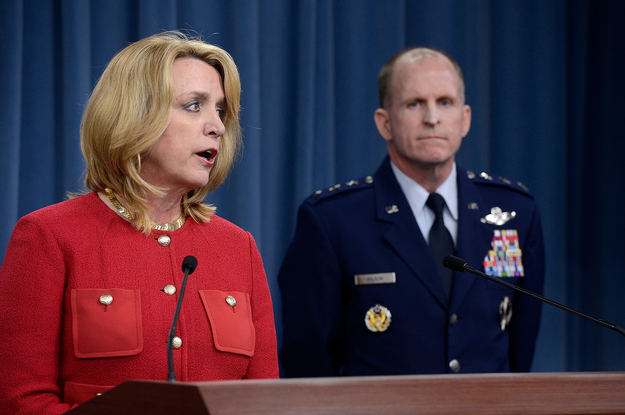 Secretary of the Air Force Deborah Lee James and Lt. Gen. Stephen Wilson provide updates on the Malmstrom Air Force Base, Mont., test compromise investigation findings to the Pentagon Press Corps March 27, 2014, in Washington, D.C. Air Force leaders discussed personnel accountability and the action plan to improve the nuclear enterprise. Wilson is the Global Strike Command commander. (U.S. Air Force photo/Scott M. Ash)
