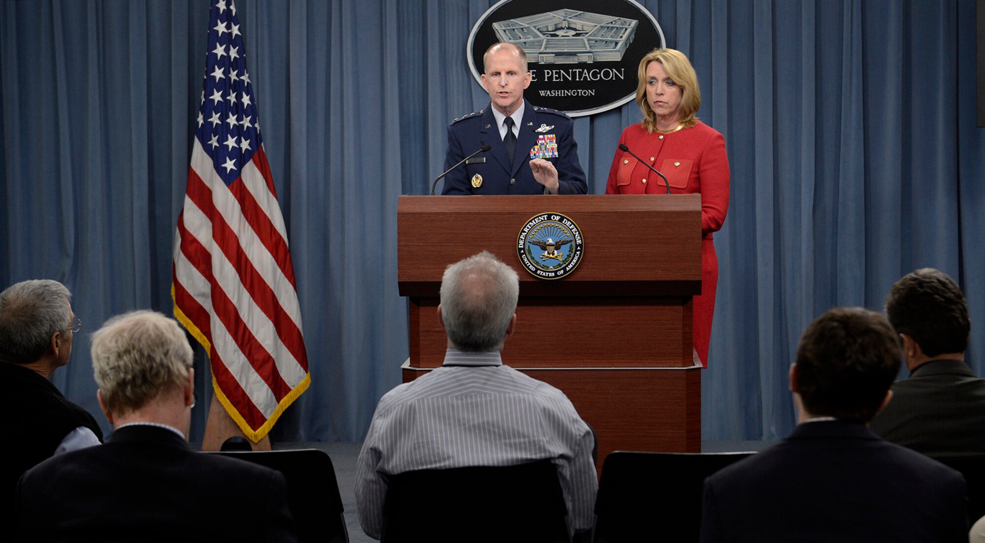 Secretary of the Air Force Deborah Lee James and Lt. Gen. Stephen Wilson provide updates on the Malmstrom Air Force Base, Mont., test compromise investigation findings to the Pentagon Press Corps March 27, 2014, in Washington, D.C. Air Force leaders discussed personnel accountability and the action plan to improve the nuclear enterprise. Wilson is the Global Strike Command commander. (U.S. Air Force photo/Scott M. Ash)