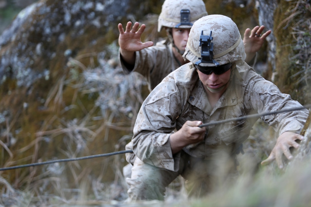 A Marine with Weapons Company, Battalion Landing Team 2nd Battalion, 1st Marine Regiment, 11th Marine Expeditionary Unit, participates in assault climber training during Realistic Urban Training Marine Expeditionary Unit Exercise 14-1 at Fort Hunter Liggett, Calif., March 18, 2014.  RUTMEUEX will prepare the 11th MEU Marines for their upcoming deployment, enhancing Marines' combat skills in environments similar to those they may find in future missions.  (U.S. Marine Corps photo by Lance Cpl. Evan R. White/Released)