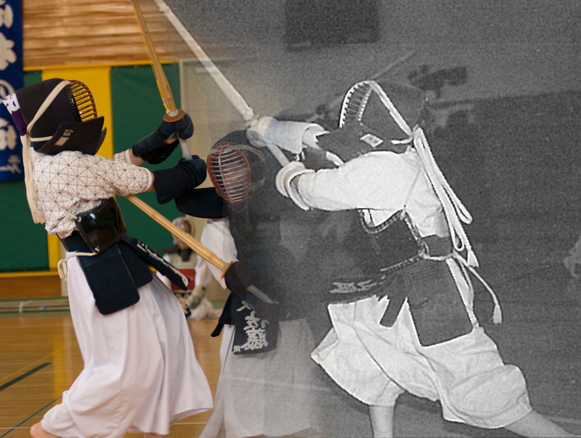 A photo from 1988 depicting youngsters performing Kendo, the Japanese martial art of fencing, during the very first Japan Day at Misawa Air Base, Japan, blends into a recent photo of a similar occurrence. Hosted at the Misawa Collocated Club, the 27th annual Japan Day is scheduled to take part April 5, 2014, from 9:45 a.m. to 4 p.m. The event has a long standing tradition of bringing a touch of Japanese culture to base residents. (U.S. Air Force photo illustration/Senior Airman Jose L. Hernandez-Domitilo)

