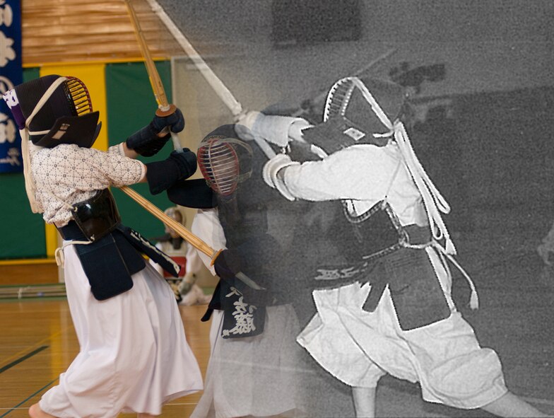 A photo from 1988 depicting youngsters performing Kendo, the Japanese martial art of fencing, during the very first Japan Day at Misawa Air Base, Japan, blends into a recent photo of a similar occurrence. Hosted at the Misawa Collocated Club, the 27th annual Japan Day is scheduled to take part April 5, 2014, from 9:45 a.m. to 4 p.m. The event has a long standing tradition of bringing a touch of Japanese culture to base residents. (U.S. Air Force photo illustration/Senior Airman Jose L. Hernandez-Domitilo)

