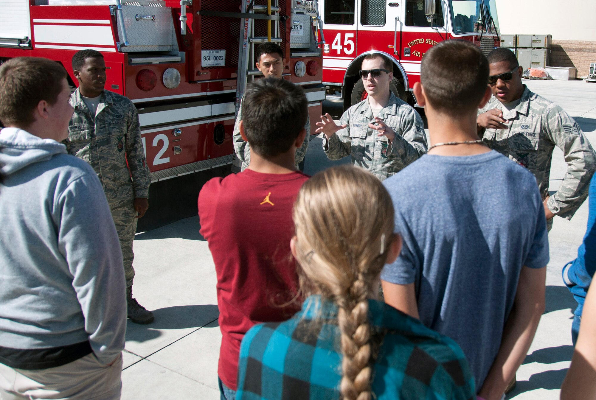 Students from River City High School’s Junior Reserve Officers Training Corps visited Travis Air Force Base, Calif., to learn about the Team Travis mission, March 21. The students, who are from West Sacramento, toured the installation, learning about the air traffic control, firefighter, explosive ordinance disposal and security forces career fields. Retired Col. Russell Warner, a senior aerospace science instructor for River City High’s JROTC program, explained that although this was the school’s first tour to Travis Air Force Base, the initial feedback from students was extremely positive and he hoped to bring future groups to the base. (U.S. Air Force photo/Senior Airman Cindy G. Alejandrez)