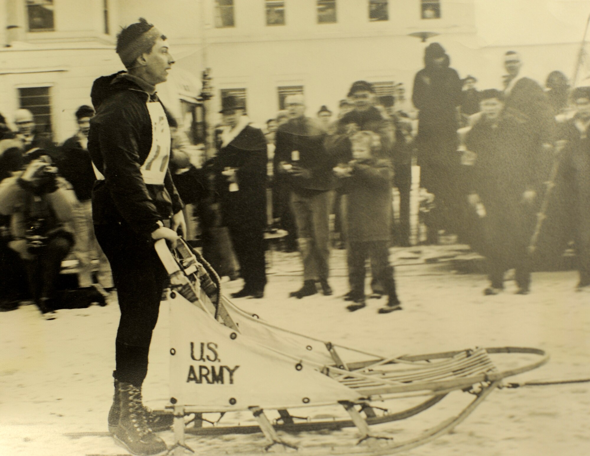 Joe Redington Jr., seen here, was enlisted specifically by the Army to race dogs in Alaska. Redington Jr. won the coveted Fur Rondy trophy in 1966, bringing it back to Alaska after many years of being won by Dr. Roland Lombard of Wayland, Mass. (U.S. Army photo)