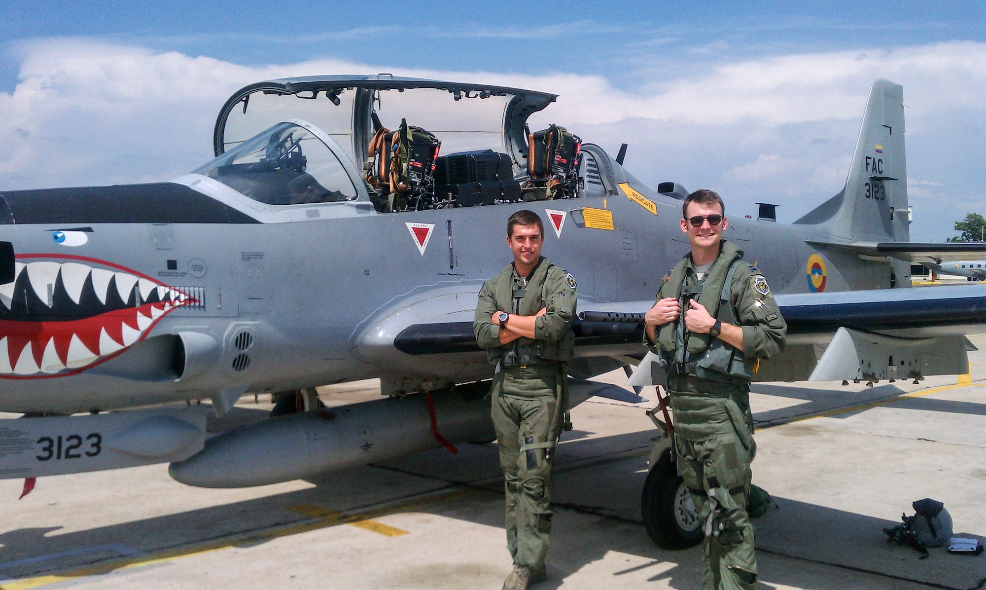 Capts. Aaron Cavazos and David Nagle, A-10 weapons officers assigned to the 355th Fighter Wing, with recently returned from their second mobile training team (MTT) event this year with the Colombian Air Force. (Courtesy Photo)