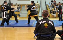 Students of Kuk Sol Won, their families and friends attend a Kuk Sool Won Black Belt Demo at the Aderholt Fitness Center on Hurlburt Field, Fla, March 22, 2014. Students demonstrated their skill in various techniques, weapons and acrobatics during the demo. (U.S. Air Force photo/Senior Airman Kentavist P. Brackin) 