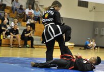Cinzia Garcia prepares to deliver the finishing blow to her opponent during a Kuk Sool Won Black Belt Demo at the Aderholt Fitness Center on Hurlburt Field, Fla, March 23, 2014. Grappling, wrestling, and pressure-point targeting are among some of the many techniques taught in Kuk Sool Won. (U.S. Air Force photo/Senior Airman Kentavist P. Brackin) 