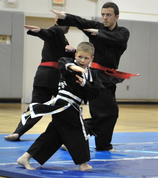 Thomas Matney, Kuk Sool Won 1st degree black belt student, demonstrates various hand techniques during a Kuk Sool Won Black Belt Demo at the Aderholt Fitness Center on Hurlburt Field, Fla, March 22, 2014. Hurlburt members of various ages participate in Kuk Sool Won to develop a stronger sense of self-confidence, self-discipline, psychological and spiritual values.   (U.S. Air Force photo/Senior Airman Kentavist P. Brackin) 