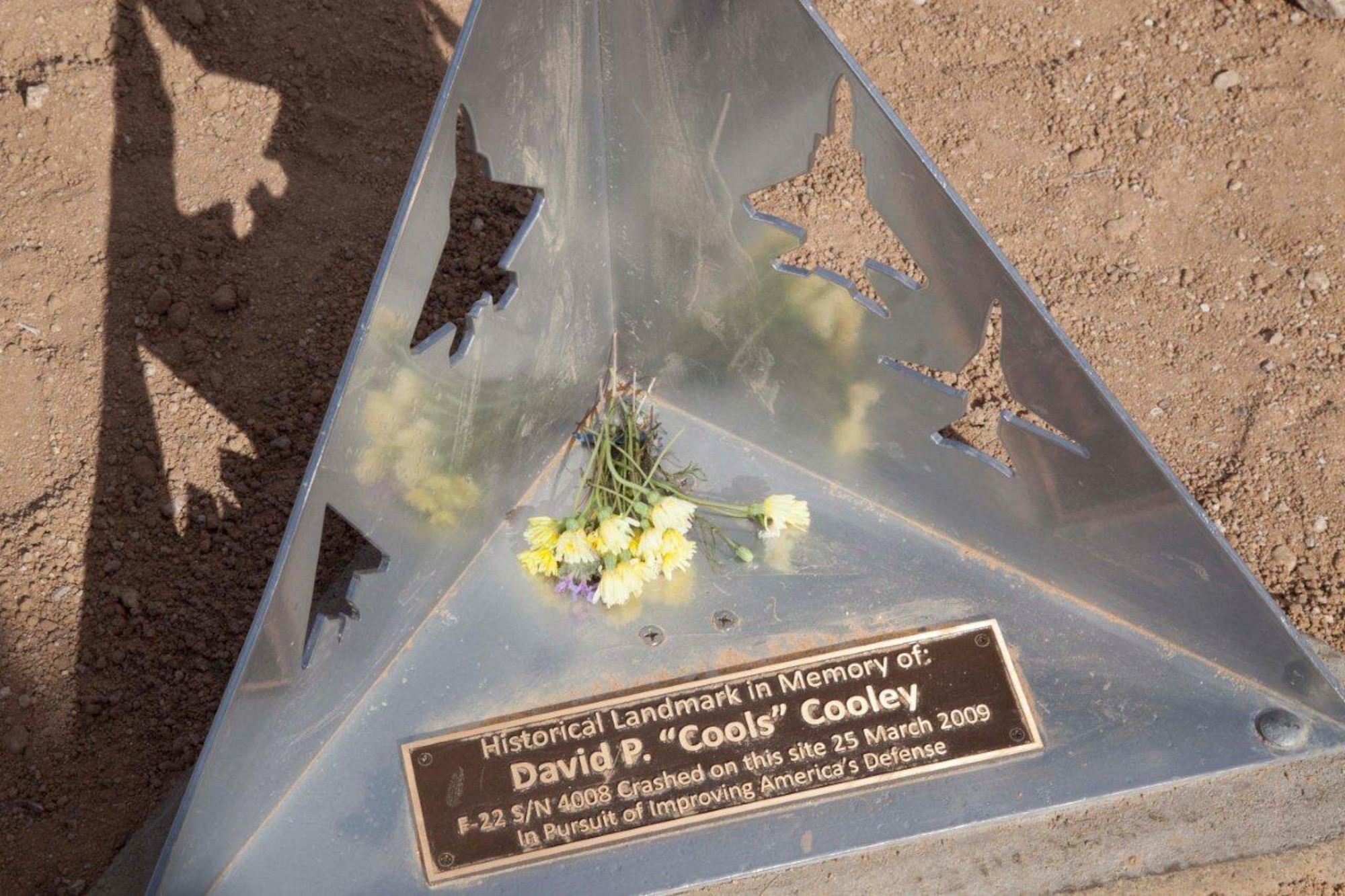 A radar reflector aligned to the run-in heading of David P. Cooley's final test point was placed as a memorial at his F-22 Raptor crash site March 25 - five years following the accident. (Courtesy photo) 
