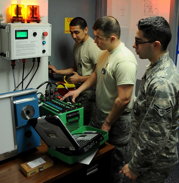 Airmen from the 2nd Maintenance Squadron non-destructive inspection shop wait for an X-ray to finish on Barksdale Air Force Base, La., March. 25, 2014. NDI uses an X-ray machine to look at welds for certification. (U.S. Air Force photo/Staff Sgt. Jason McCasland)
