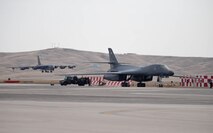 A B-52H Stratofortress from the 5th Bomb Wing at Minot Air Force Base, N.D., lands at Ellsworth AFB, S.D., March 26, 2014. Ellsworth B-1 bombers will share the tarmac with eight B-52s, all part of a scheduled temporary relocation as part of Minot’s runway reconstruction project. (U.S. Air Force photo by Senior Airman Zachary Hada/Released)