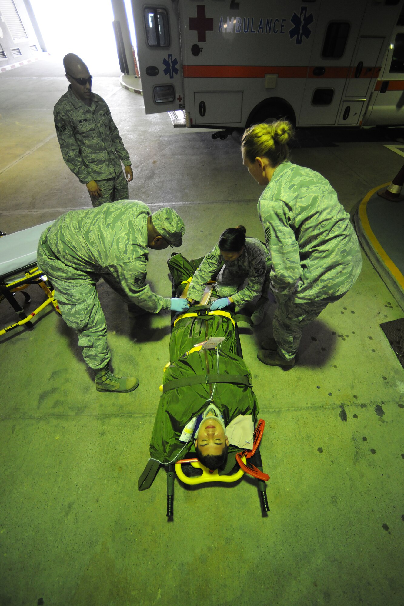 Airmen from the 39th Medical Group participate in a readiness exercise March 26, 2014, Incirlik Air Base, Turkey.  Airmen from the 39th Air Base Wing exercise regularly to remain prepared for real-world emergencies and contingency operations.  (U.S. Air Force photo by Senior Airman Nicole Sikorski/Released)