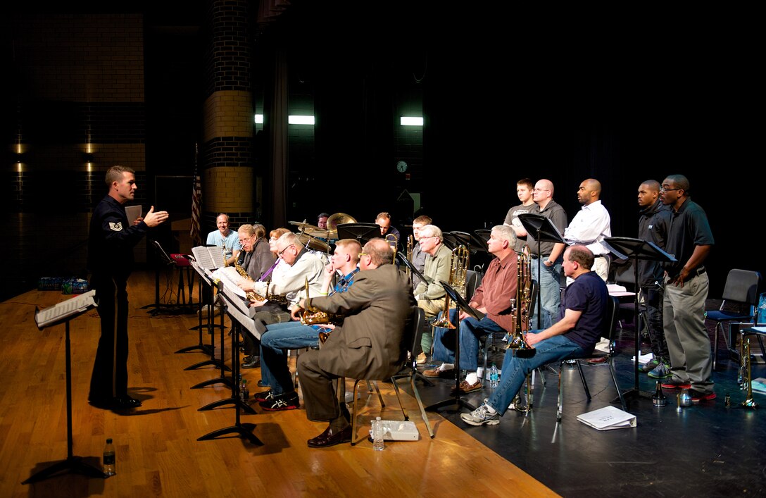 The Airmen of Note held a clinic and master classes with the College of Southern Maryland Jazz Band, as well as local high school musicians. TSgt Tyler Kuebler (pictured here) coached the CSM band, followed by master classes with each section of the ensemble. (US Air Force photo by SMSgt Kevin Burns/released)