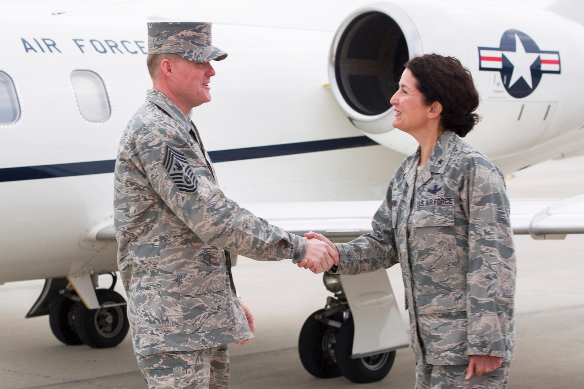 Brig. Gen. Nina Armagno, 45th Space Wing commander, greets Chief Master Sgt. of the Air Force James Cody, upon his arrival at Patrick Air Force Base, Fla., March 24, 2014. Cody, the Air Force’s highest ranking enlisted Airman spent three days with Team Patrick-Cape to get a first-hand look at the mission and personally thank the Airmen. (Air Force photo/Matthew Jurgens).