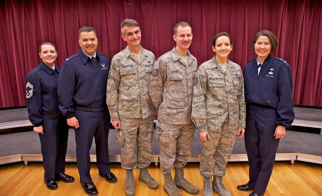 Major General Sharon Dunbar, Colonel Richard Lindlan, and Chief Simmons pose for a picture with MSgt Emily Wellington, TSgt Matthew Geist and SMSgt Robert Thurston, the winners of the 2013 Public Affairs Awards for Commuication Excellence. (US Air Force photo by MSgt Matthew Irish/released)
