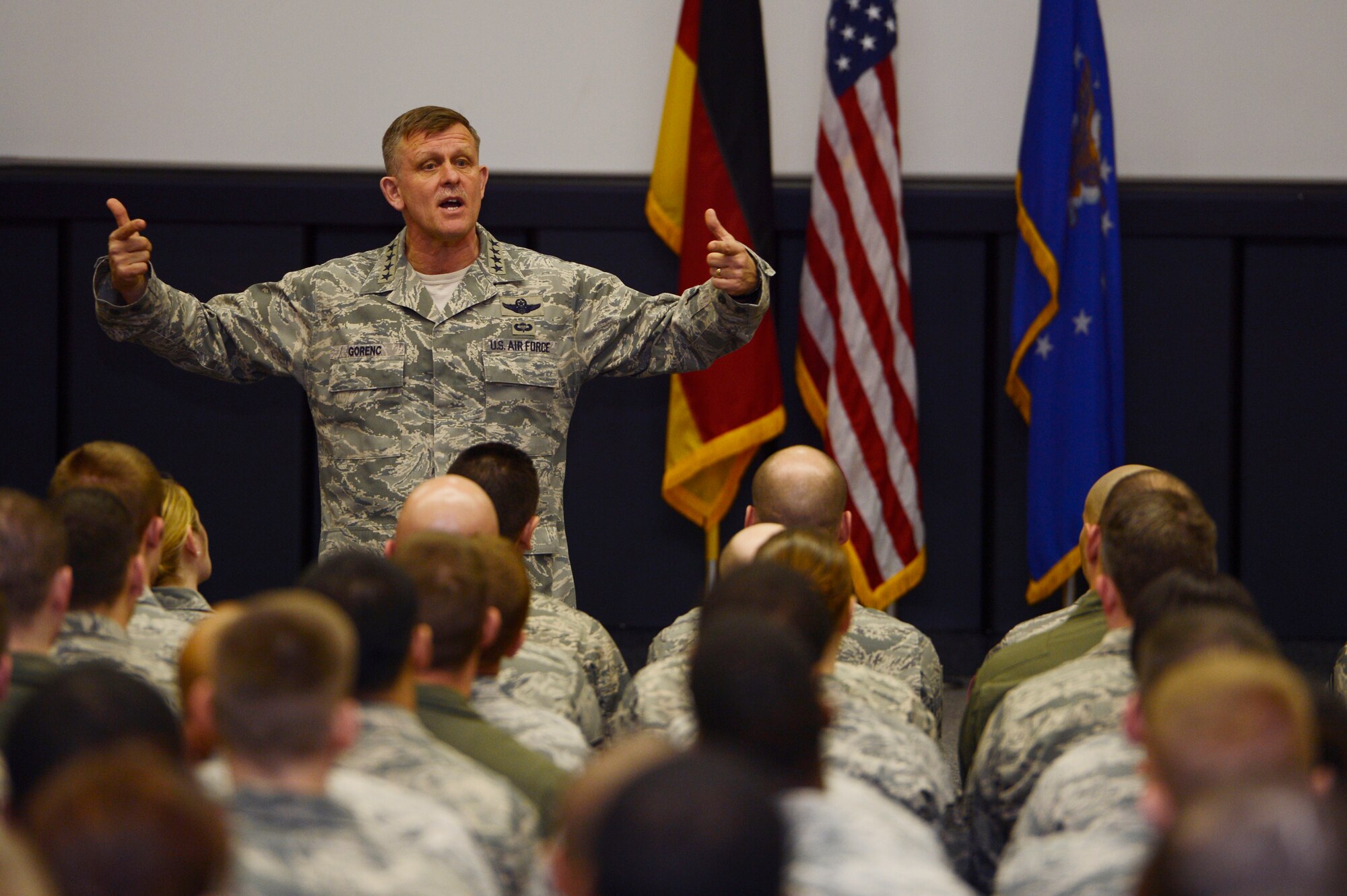 U.S. Air Force Gen. Frank Gorenc, U.S. Air Forces in Europe and Air Forces Africa commander, hosts an all-call for Airmen in the 470th Air Base Squadron at NATO Air Base Geilenkirchen, Germany, March 24, 2014. Gorenc focused on the issues currently effecting the Air Force and its Airmen. (U.S. Air Force photo by Staff Sgt. Christopher Ruano/Released)