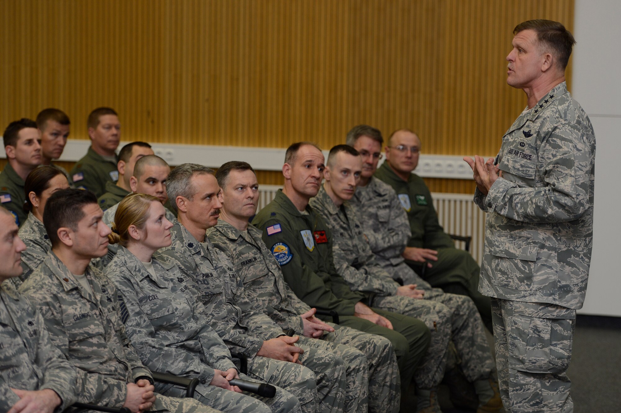 U.S. Air Force Gen. Frank Gorenc, U.S. Air Forces in Europe and Air Forces Africa commander, hosts an all-call for Airmen in the 470th Air Base Squadron at NATO Air Base Geilenkirchen, Germany, March 24, 2014. Gorenc visited the 470th ABS to tour their work centers and to talk about current events in the Air Force. (U.S. Air Force photo by Staff Sgt. Christopher Ruano/Released)