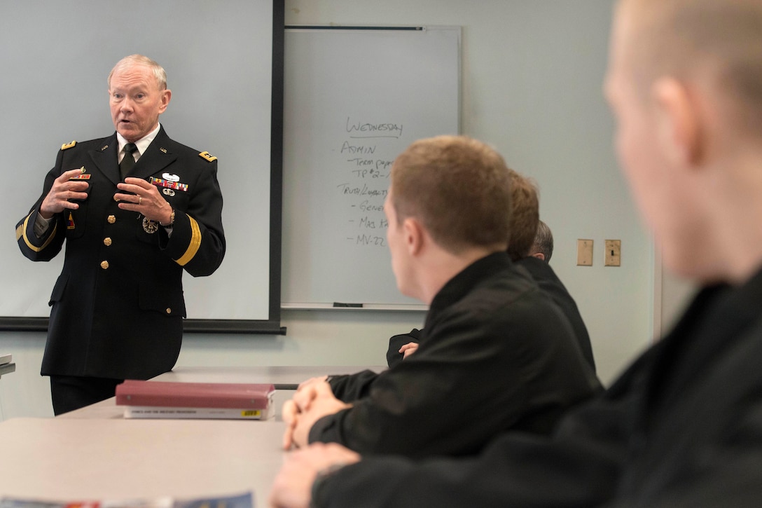 Army Gen. Martin E. Dempsey, chairman of the Joint Chiefs of Staff, teaches a class on ethics to midshipmen during his visits the U.S. Naval Academy in Annapolis, Md., March 26, 2014.