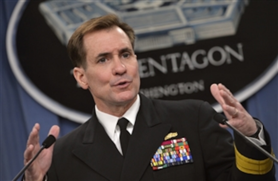 Pentagon Press Secretary Navy Rear Adm. John Kirby briefs reporters at the Pentagon, March 27, 2014. Kirby outlined the objectives of Defense Secretary Chuck Hagel's upcoming trip to Asia and answered questions on the situation in Ukraine and search efforts for missing Malaysia Airlines Flight 370