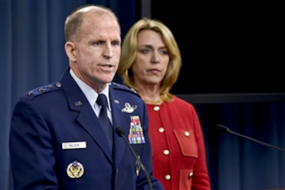 Air ForceSecretary Deborah Lee James and Air Force Lt. Gen. Stephen Wilson, commander of Air Force Global Strike Command, brief reporters on the results of the command's investigation into allegations of compromised test materials at the Pentagon, March 27, 2014. James and Wilson also provided an update on the service's force improvement program.