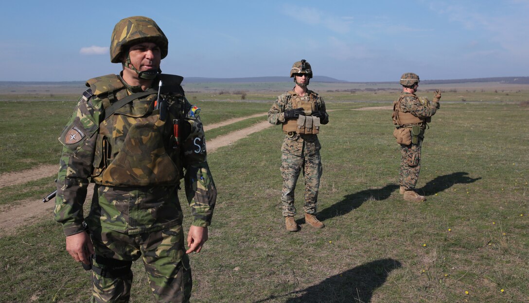 Sergeant Major Nistor Marian, with the Romanian 307th Naval Infantry Battalion,  looks downrange with Corporal Matthew Haines, mortarman, weapons company, 3rd Battalion, 8th Marines, assigned to Black Sea Rotational Force 14 during a combined maneuver live fire exercise at Babadag Training Area, Romania, 26 March, 2014.  Black Sea Rotational Force 14 is a task force of Marines and sailors with the mission to sustain positive relationships with partner nations uphold regional stability and increase military operational capabilities while also proving the ability for rapid crisis response in the Black Sea, Balkan and Caucasus regions of Eastern Europe. (Official Marine Corps photo by Staff Sgt. Tanner M. Iskra, BSRF Combat Camera/Released)