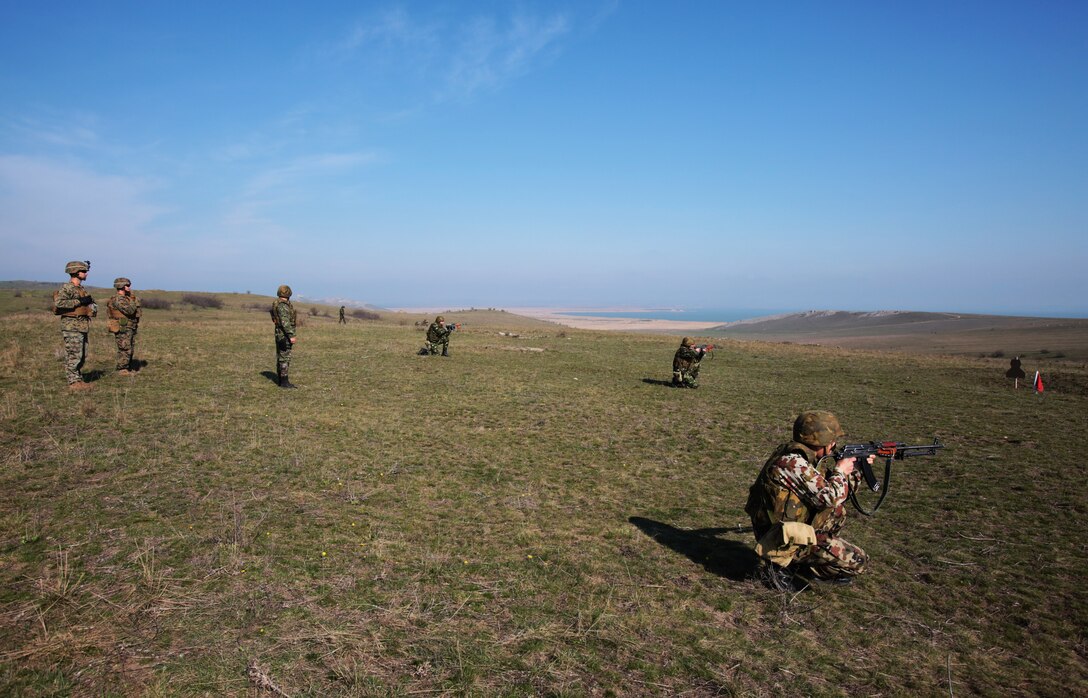 Marines assigned to Black Sea Rotational Force 14 and service members assigned to the Romanian 307th Naval Infantry,  navigate a course of fire during a combined maneuver live fire exercise at Babadag Training Area, Romania, 26 March, 2014.  Romanian service members and Marines from BSRF-14 integrated fire teams during the live fire exercise.  Black Sea Rotational Force 14 is a task force of Marines and sailors with the mission to sustain positive relationships with partner nations uphold regional stability and increase military operational capabilities while also proving the ability for rapid crisis response in the Black Sea, Balkan and Caucasus regions of Eastern Europe. (Official Marine Corps photo by Staff Sgt. Tanner M. Iskra, BSRF Combat Camera/Released)