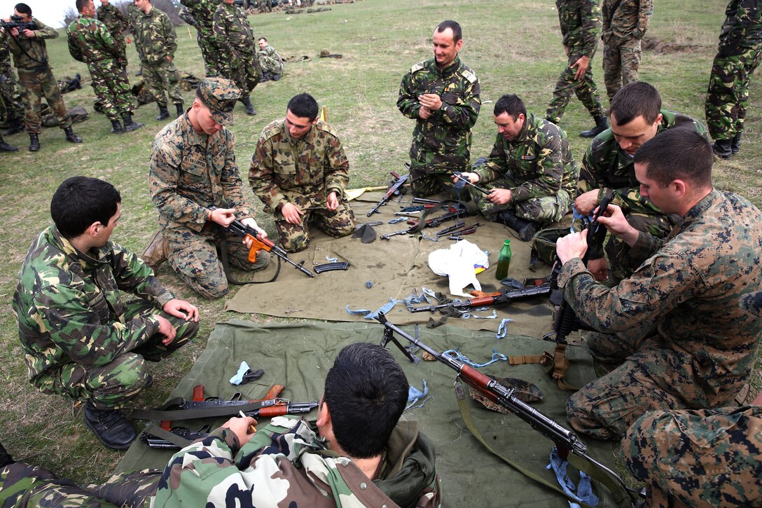 United States Marines with Weapons Company, 3rd Battalion, 8th Marine Regiment, 2nd Marine Division assigned to Black Sea Rotational Force 14 learn about Romanian weapon systems from Romanian service members of the 307th Naval Infantry Bn. after jointly participating in a live-fire exercise aboard Babadag Training Area in Romania March 26, 2014. Black Sea Rotational Force 14 is a contingent of Marines and sailors tasked with maintaining positive relations with partner nations, regional stability and increasing interoperability while providing the capability for rapid crisis response, as directed by U.S. European Command, in the Black Sea, Balkan and Caucasus regions of Eastern Europe. (Official Marine Corps photo by Lance Cpl. Scott W. Whiting, BSRF PAO/ Released)