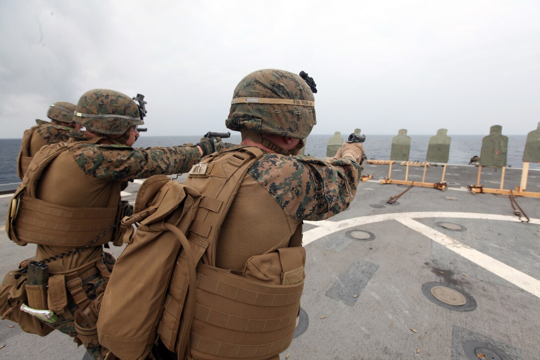 Marines with Weapons Company, Battalion Landing Team 2nd Battalion, 5th Marine Regiment, 31st Marine Expeditionary Unit, participate in live-fire sustainment training in the Combat Marksmanship Program here, March 19. The full-day event was composed of engaging targets at varying ranges using the M4 carbine, M16A4 service rifle, M9 pistol and M240B machine gun. The 31st MEU is currently completing its certification exercise, evaluated by Special Operations Training Group, III Marine Expeditionary Force, to assess the unit’s ability to accomplish mission essential tasks while deployed aboard the ships of the Bonhomme Richard Amphibious Ready Group. The 31st MEU is the Marine Corps’ force of choice for the Asia-Pacific region and the only continuously forward-deployed MEU.  