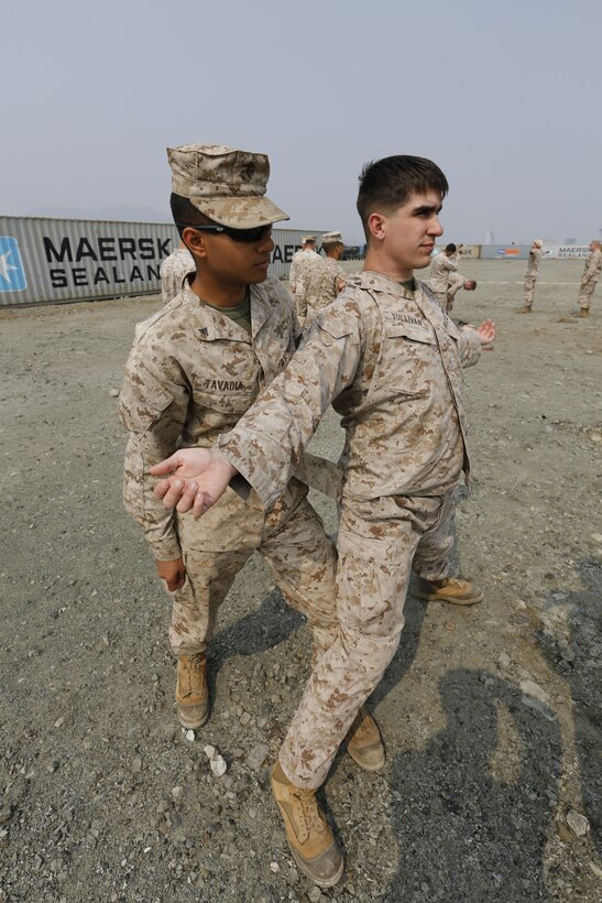 U.S. Marine Lance Cpl. Luv J. Tavadia, left, searches Lance Cpl. Ian L. Sullivan during detainee handling training March 27 at Gwangyang Port, Republic of Korea, in preparation for amphibious assault exercise Ssang Yong 2014. During the training, Marines learned how to create hasty restraints, escort and transport procedures, frisk and area searches as well as different muscle gouging and pressure point techniques. Tavadia and Sullivan are both military policemen with 3rd Law Enforcement Battalion, III Marine Expeditionary Force Headquarters Group, III MEF. (U.S. Marine Corps photo by Lance Cpl. Matt Myers/Released)
