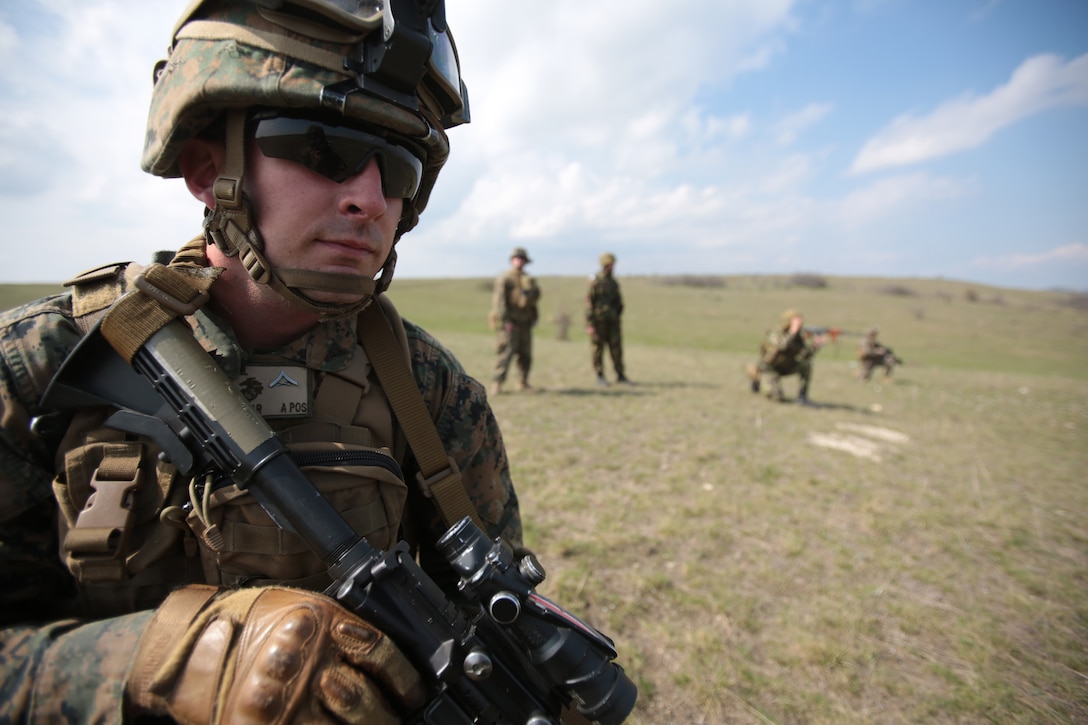 Cpl. Patrick Phelan, mortarman, Weapons Company, 3rd Battalion, 8th Marine Regiment, assigned to Black Sea Rotational Force 14 maneuvers downrange with counterparts from the Romanian 307th Naval Infantry Battalion during a combined maneuver live fire exercise at Babadag Training Area, Romania, March 26, 2014.  Romanian service members and Marines from BSRF-14 integrated fire teams during the live fire range.  Black Sea Rotational Force 14 is a task force of Marines and sailors with the mission to sustain positive relationships with partner nations uphold regional stability and increase military operational capabilities while also proving the ability for rapid crisis response in the Black Sea, Balkan and Caucasus regions of Eastern Europe. (Official Marine Corps photo by Staff Sgt. Tanner M. Iskra, BSRF Combat Camera/Released)