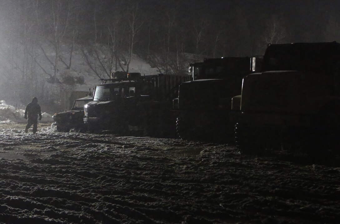 A Marine with 2nd Supply Battalion, Combat Logistics Regiment 25, 2nd Marine Logistics Group walks past vehicles belonging to 2nd Supply Bn. and Host Nation Support Battalion during exercise Cold Response 14 at Elvegaardsmoen, Norway, March 14, 2014. Cold Response 2014 was the first time Marine Corps and Norwegian forces integrated personnel and equipment during a cold-weather exercise. Cold Response 14 is a Norwegian-led multinational exercise above the Arctic Circle designed prepare for high-intensity cold-weather operations with nearly 16,000 troops from 16 different countries. 