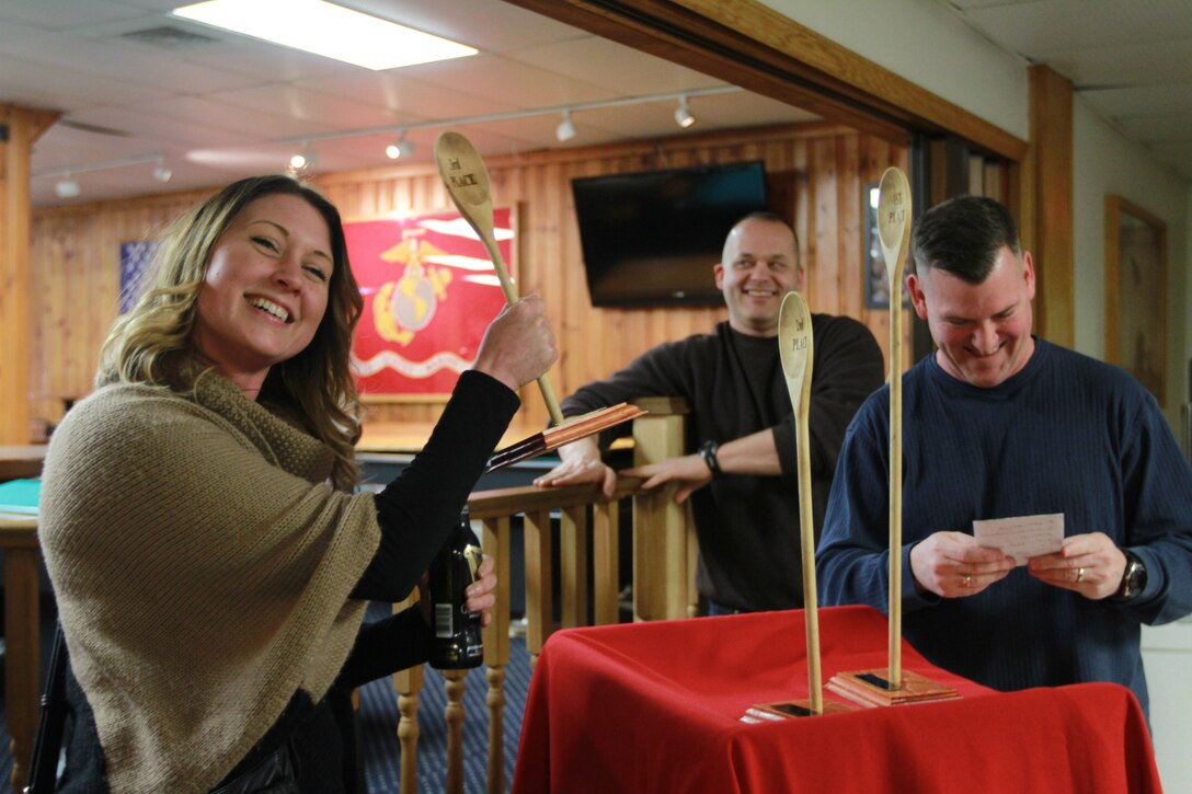 Erin Salerno wins third place in the 1st Marine Corps District's Chili Cook-off competition in Tun Tavern inside the 1MCD Headquarters on March 21.  Salerno was one of eight competitors who entered a chili recipe hoping to win the tasters' vote.  (U.S. Marine Corps photo by Lance Cpl. Brandon Thomas).