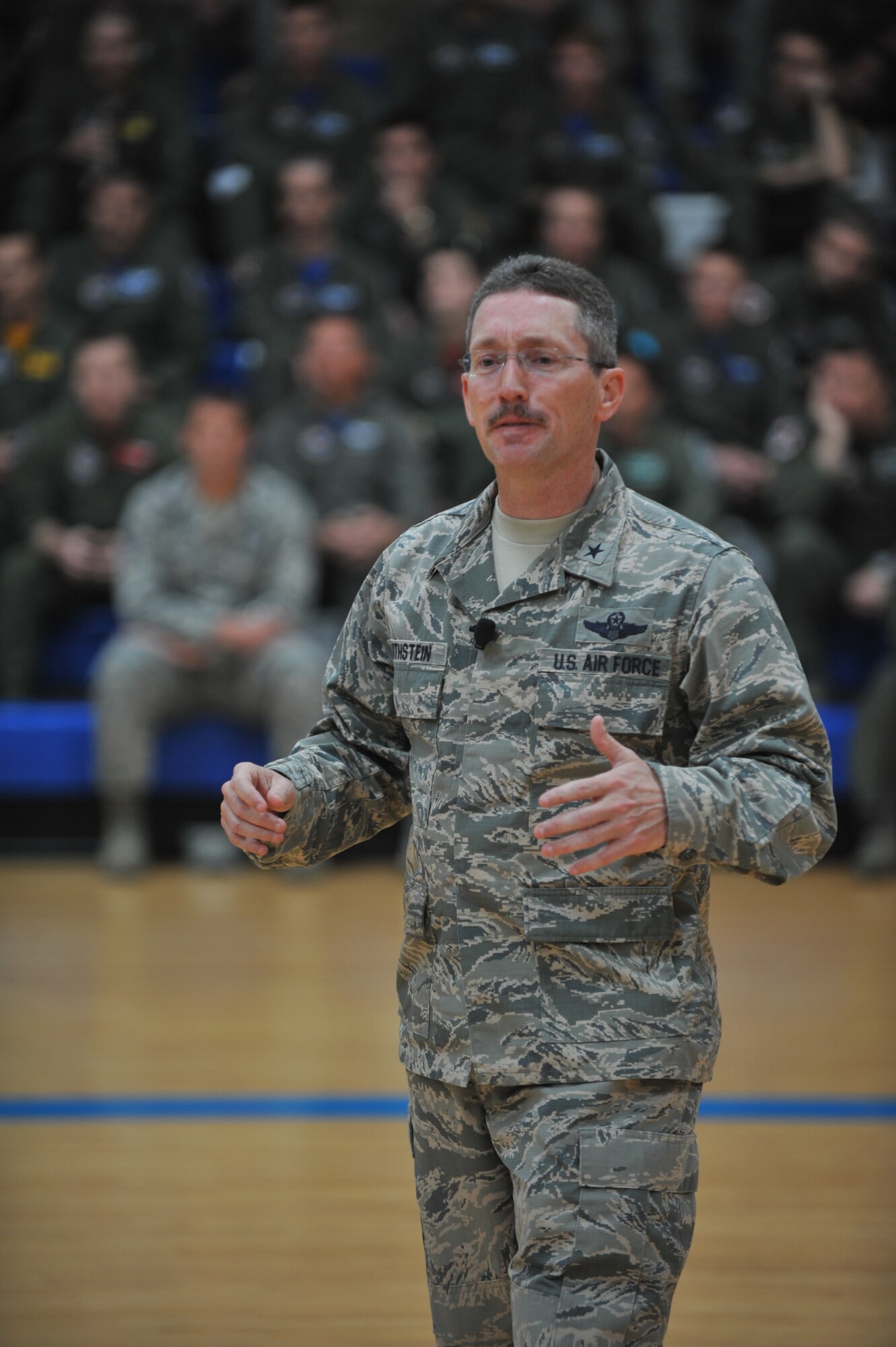 Brig. Gen. Mike Rothstein, 56th Fighter Wing commander, speaks at a commander’s call March 21. He discussed the recent open house and the new F-35 Lightning II mission. He also told Luke Airmen he was pleased with how the wing is meeting his expectations concerning mission, leadership and community. (U.S. Air Force photo by Senior Airman Jason Colbert)