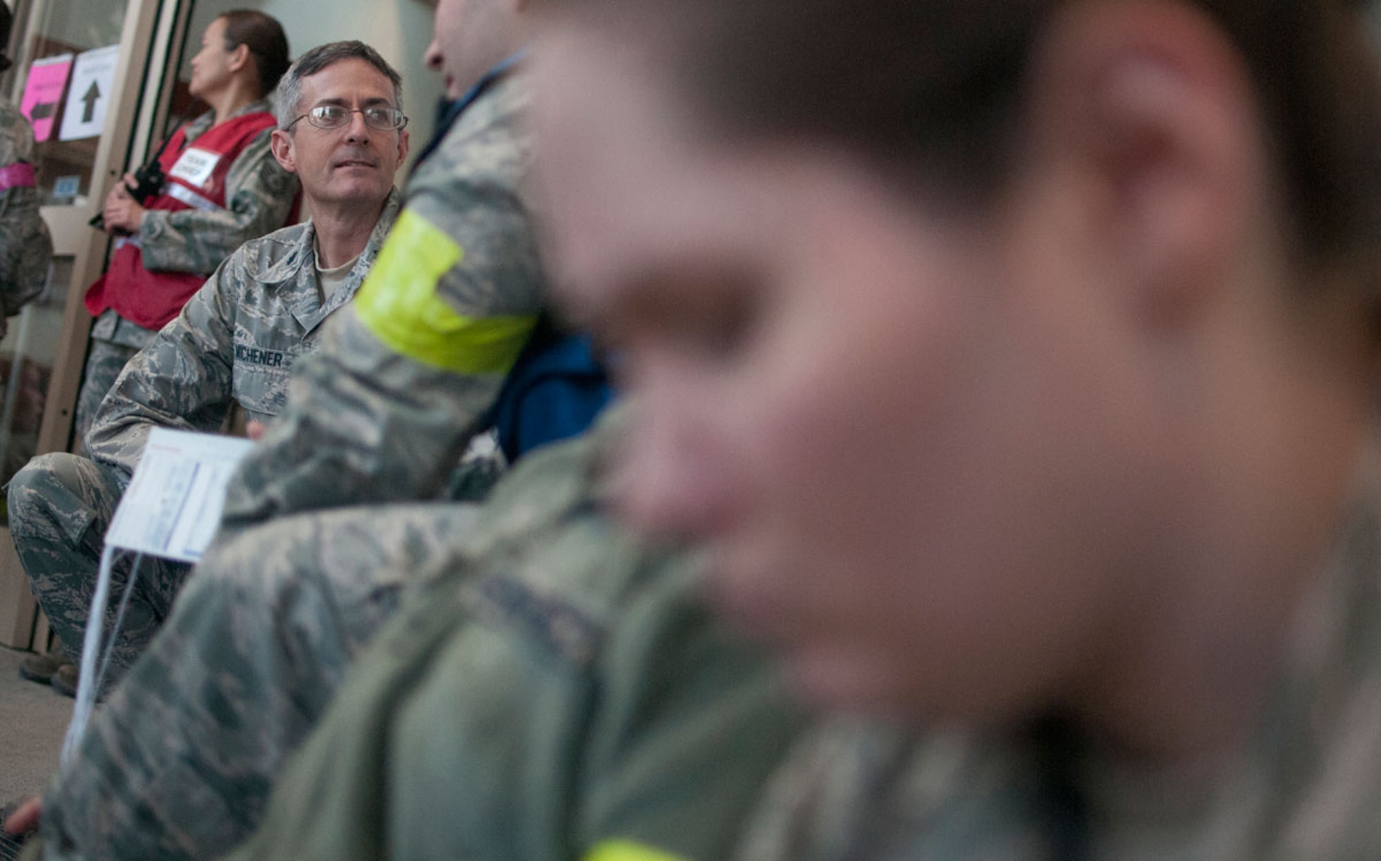 JOINT BASE ELMENDORF–RICHARDSON, Alaska--Air Force Lt. Col. (Dr.) Michael Michener, 673d Medical Group, waits for simulated earthquake casualties to arrive at the base hospital at Joint Base Elmendorf-Richardson, Alaska, March 27, 2014, during JBER's Mission Assurance Exercise 14-3. MAE 14-3 is a JBER exercise testing the base’s ability to survive, operate and coordinate during a major natural disaster. (U.S. Air Force photo/Justin Connaher)