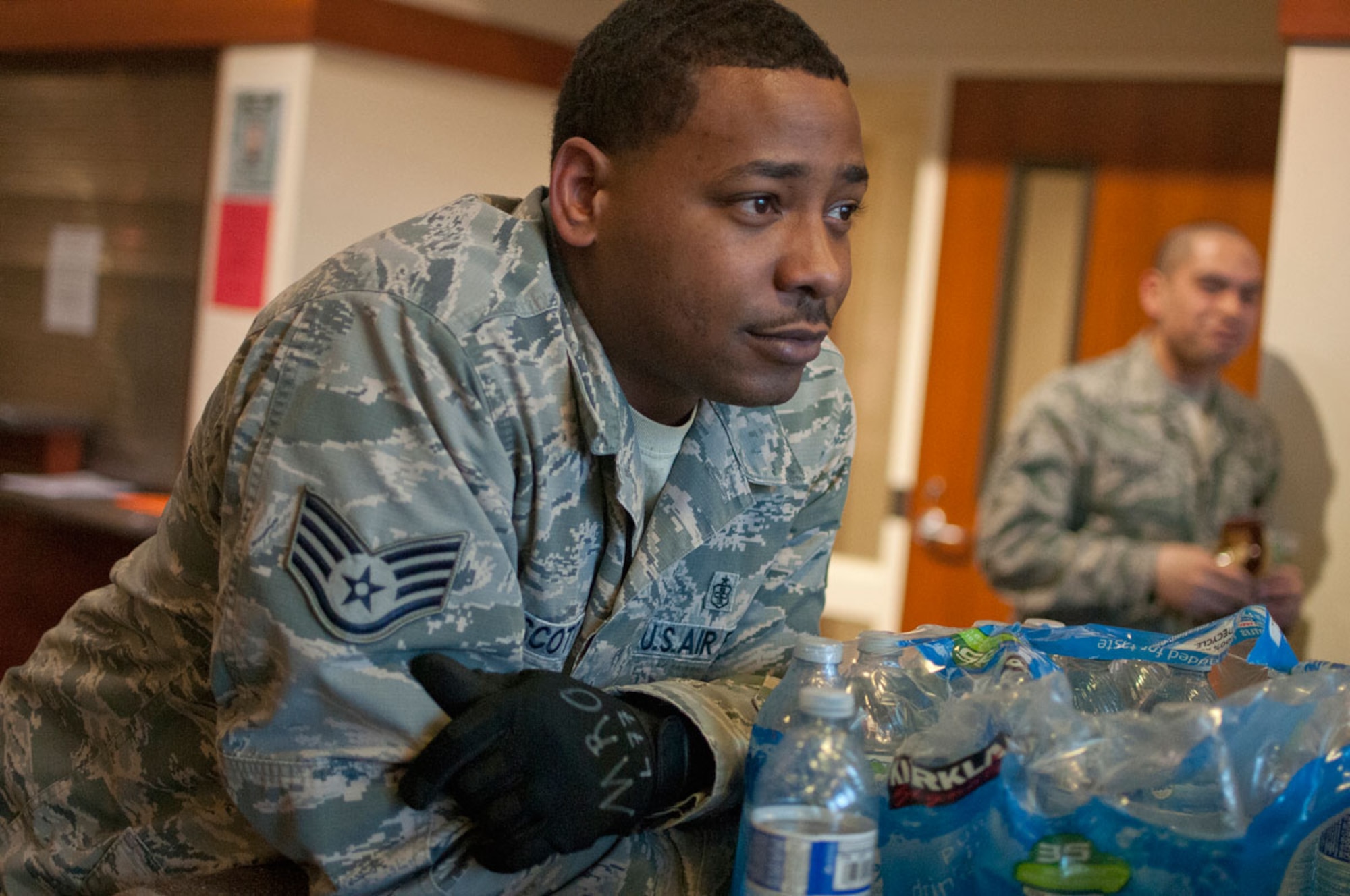 JOINT BASE ELMENDORF–RICHARDSON, Alaska--Air Force Staff Sgt. Desmond Scott, 673d Medical Group, waits to perform triage for simulated earthquake casualties at Joint Base Elmendorf-Richardson, Alaska, March 27, 2014, during JBER's Mission Assurance Exercise 14-3. MAE 14-3 is a JBER exercise testing the base’s ability to survive, operate and coordinate during a major natural disaster. (U.S. Air Force photo/Justin Connaher)