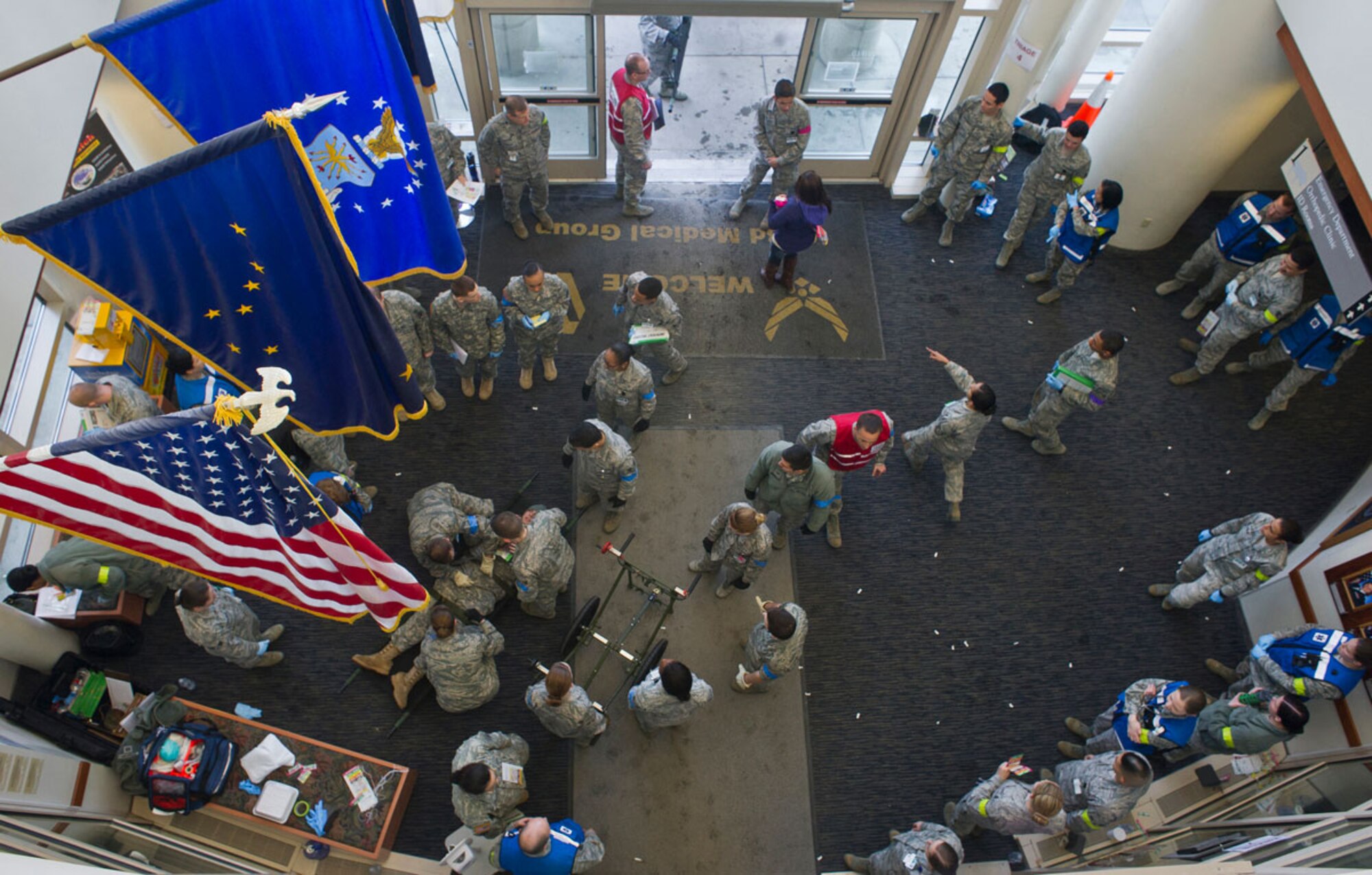 JOINT BASE ELMENDORF–RICHARDSON, Alaska--Airmen from 673d Medical Group perform triage and emergency patient care for simulated earthquake casualties on Joint Base Elmendorf-Richardson, Alaska, Thursday, March 27, 2014, during JBER's Mission Assurance Exercise 14-3. MAE 14-3 is a JBER exercise testing the base’s ability to survive, operate and coordinate during a major natural disaster. (U.S. Air Force photo/Justin Connaher)