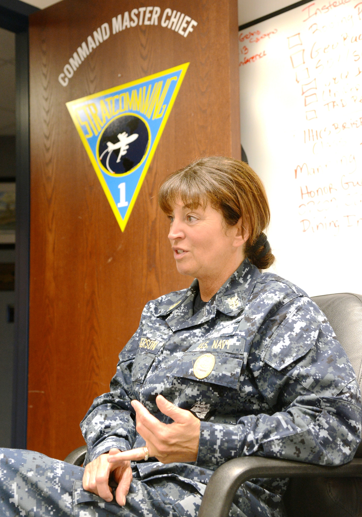 Strategic Communications Wing One Command Master Chief Cynthia Patterson reminisces about the differences in women's roles from being in the Navy now compared to when she enlisted in 1985. She cites that she would not be where she is today without support from her family and the help of numerous mentors along the way. (Air Force photo by Kelly White)