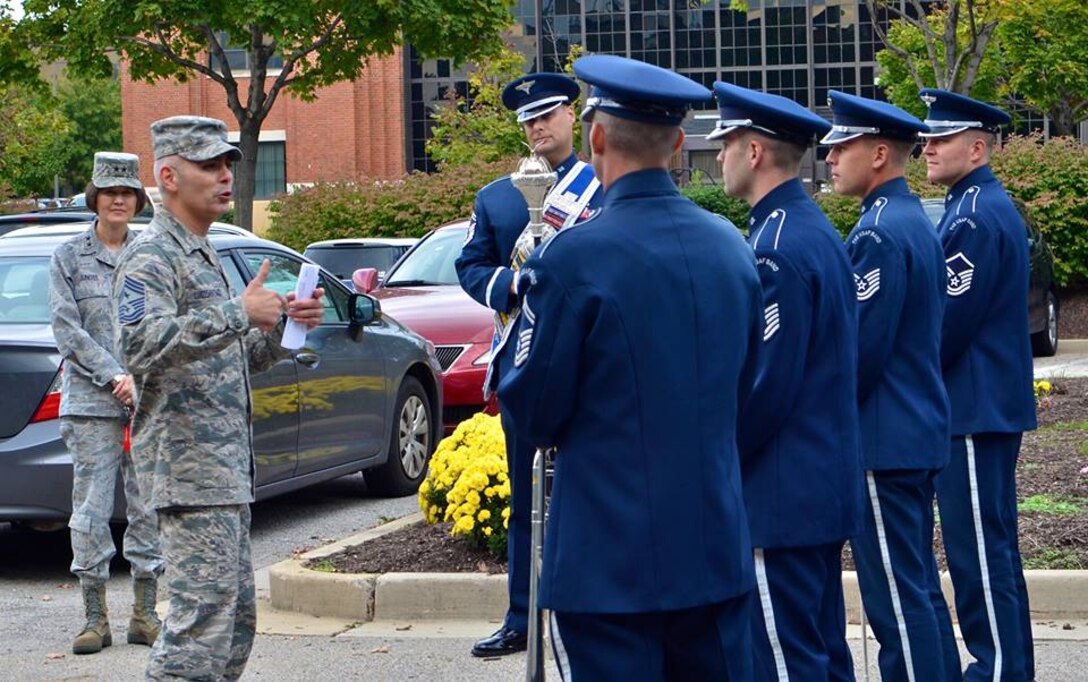 Chief Master Sgt. Jose LugoSantiago, Air Force District of Washington
Command Chief, addresses members of the Ceremonial Brass during an
Immersion tour. (U.S. Air Force photo by Senior Master Sgt. Bob
Kamholz/released)

