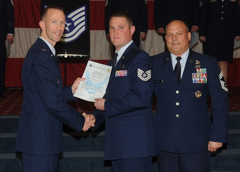 Tech. Sgt. Keith Wolsey, 2nd Maintenance Squadron, receives a certificate of promotion from Col. Leland Bohannon, 2nd Bomb Wing vice commander, and Chief Master Sgt. Stephen Lebrun, 2nd Operations Group, during the January Wing Promotion Ceremony on Barksdale Air Force Base, La., Jan. 31, 2014. (U.S. Air Force photo)