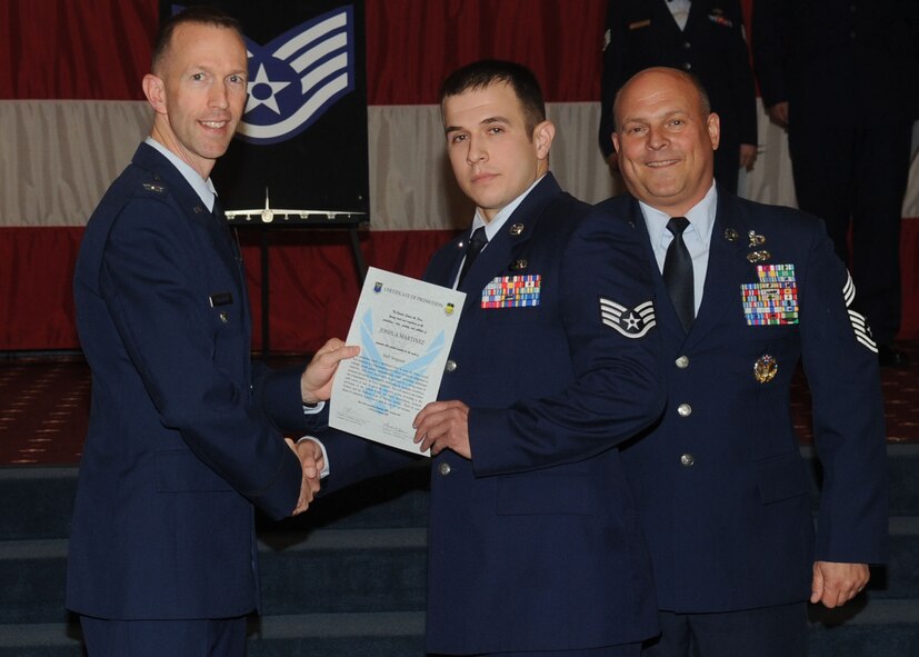 Staff Sgt. Joshua Martinez, 2nd Maintenance Squadron, receives a certificate of promotion from Col. Leland Bohannon, 2nd Bomb Wing vice commander, and Chief Master Sgt. Stephen Lebrun, 2nd Operations Group, during the January Wing Promotion Ceremony on Barksdale Air Force Base, La., Jan. 31, 2014. (U.S. Air Force photo)
