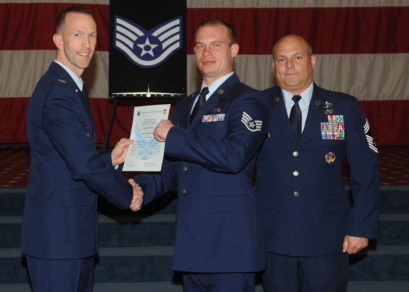 Staff Sgt. Brad Zemke, 2nd Aircraft Maintenance Squadron, receives a certificate of promotion from Col. Leland Bohannon, 2nd Bomb Wing vice commander, and Chief Master Sgt. Stephen Lebrun, 2nd Operations Group, during the January Wing Promotion Ceremony on Barksdale Air Force Base, La., Jan. 31, 2014. (U.S. Air Force photo)