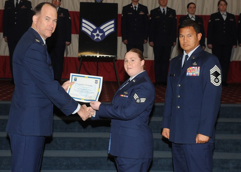 Senior Airman Maranda Staton, 8th Air Force, receives a certificate of promotion from Col. Russell Mathers, 8th AF chief of staff, during the January Wing Promotion Ceremony on Barksdale Air Force Base, La., Jan. 31, 2014. (U.S. Air Force photo)