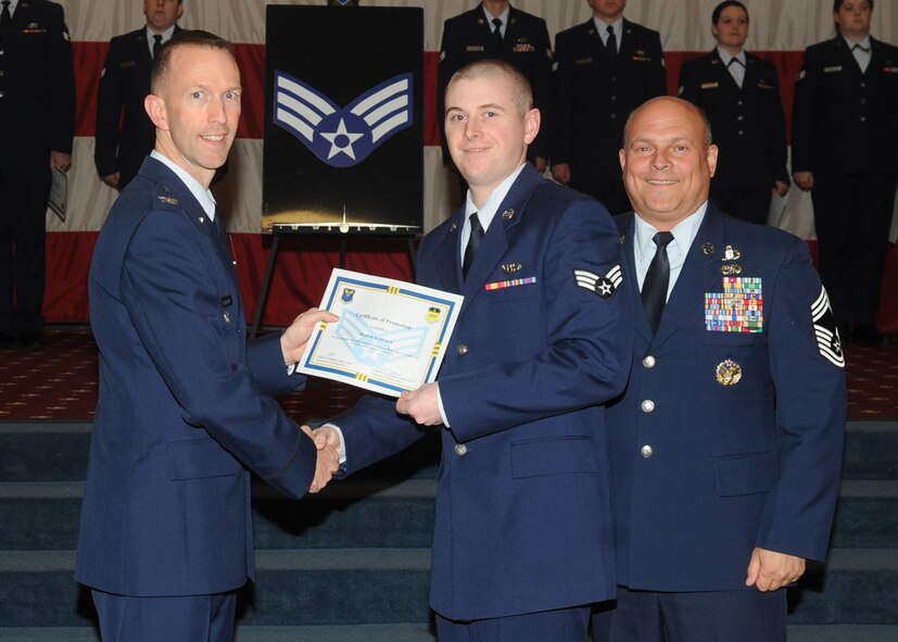 Senior Airman Derek Dawson, 26th Operational Weather Squadron, receives a certificate of promotion from Col. Leland Bohannon, 2nd Bomb Wing vice commander, and Chief Master Sgt. Stephen Lebrun, 2nd Operations Group, during the January Wing Promotion Ceremony on Barksdale Air Force Base, La., Jan. 31, 2014. (U.S. Air Force photo)