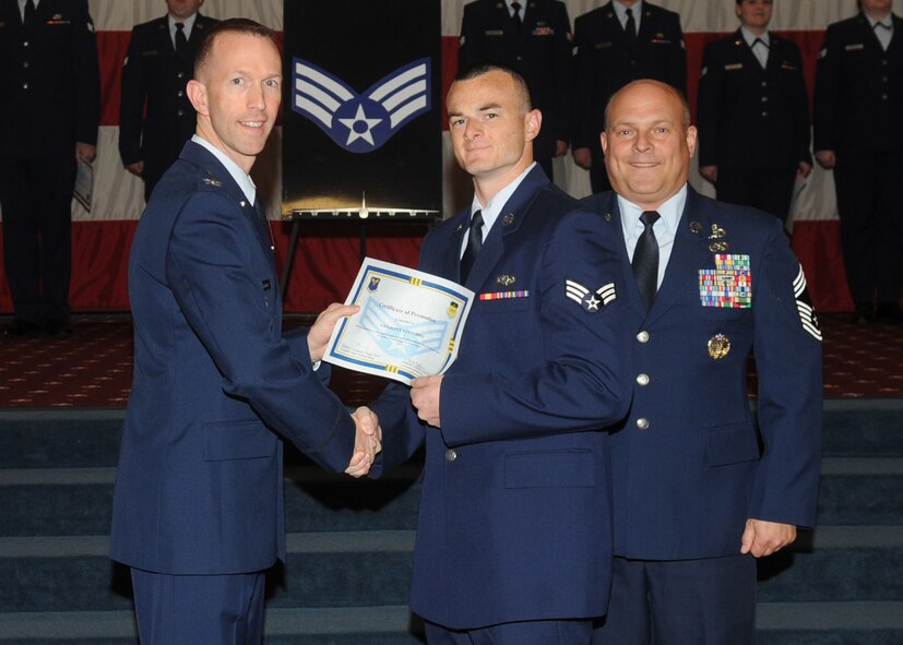 Senior Airman Anthony Vittorio, 2nd Munitions Squadron, receives a certificate of promotion from Col. Leland Bohannon, 2nd Bomb Wing vice commander, and Chief Master Sgt. Stephen Lebrun, 2nd Operations Group, during the January Wing Promotion Ceremony on Barksdale Air Force Base, La., Jan. 31, 2014. (U.S. Air Force photo)