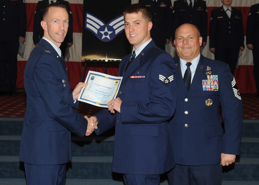 Senior Airman Christopher Gaudet, 2nd Medical Operations Squadron, receives a certificate of promotion from Col. Leland Bohannon, 2nd Bomb Wing vice commander, and Chief Master Sgt. Stephen Lebrun, 2nd Operations Group, during the January Wing Promotion Ceremony on Barksdale Air Force Base, La., Jan. 31, 2014. (U.S. Air Force photo)