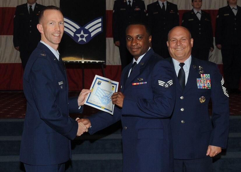 Senior Airman Antonio Davis, 2nd Maintenance Squadron, receives a certificate of promotion from Col. Leland Bohannon, 2nd Bomb Wing vice commander, and Chief Master Sgt. Stephen Lebrun, 2nd Operations Group, during the January Wing Promotion Ceremony on Barksdale Air Force Base, La., Jan. 31, 2014. (U.S. Air Force photo)