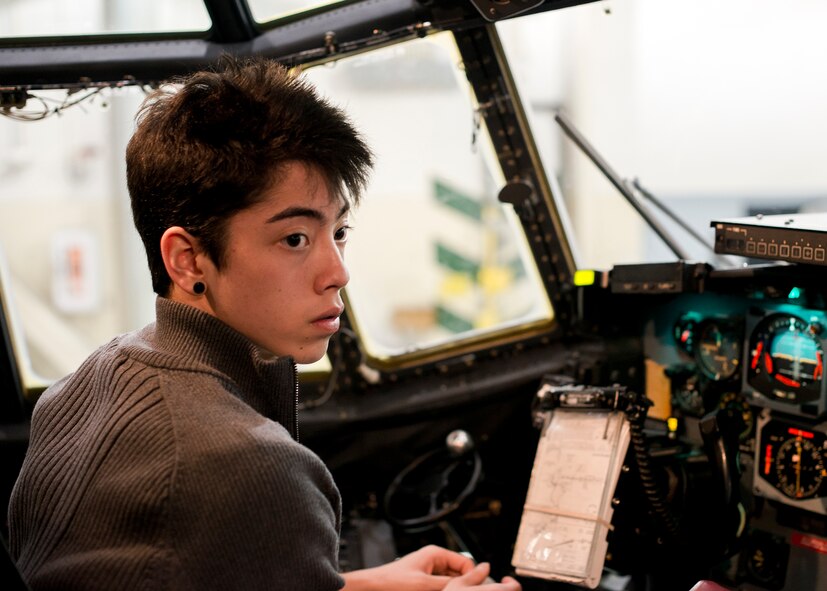 Greece N.Y. Odyssey High School student Robert Hendrix tours a C-130 aircraft stationed at Niagara Falls Air Reserve Station N.Y. while exploring career opportunities offered by the U.S. Air Force, March 20, 2014. During his visit Hendrix interacted with several 914th Airlift Wing personnel getting first hand knowledge on the many diverse careers offered by the 914th and throughout the Air Force. (U.S. Air Force photo by Tech. Sgt. Joseph McKee)